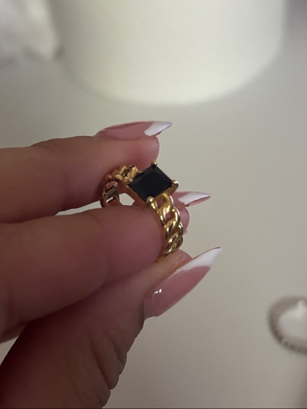 Gold Chain Ring with Black Stone